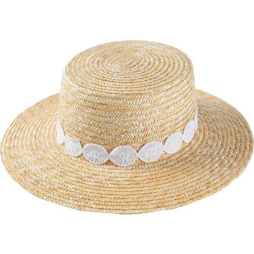 Unisex Boater Straw Hat made of Wheat Straw Flat Top Hat