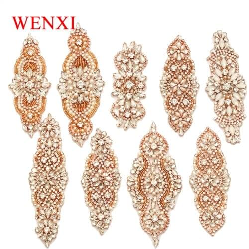 WENXI(10PCS)Wholesale Handmade Rose Gold Pearl Rhinestone Appliques sewing on Bridal Accessory Garter Jewelry Wedding Dress Belt