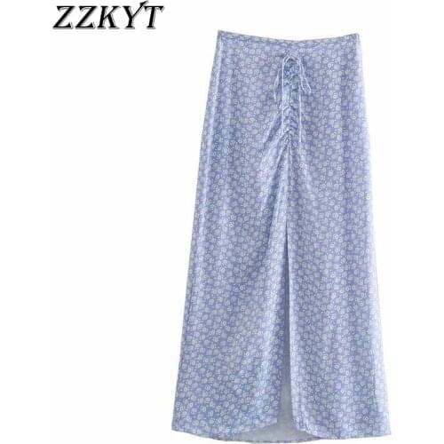 ZZKYT 2021 Women Summer Fashion Floral Print Bow Tie Midi Skirt Vintage Side Zipper Ladies Skirts Casual Faldas Vestidos Mujer