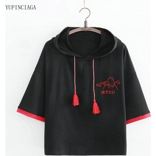 2021 Summer New Short Sleeve Hooded Cotton T-shirt Women Harajuku Japan Style Volcano Embroidery Tassel Casual Black T Shirts