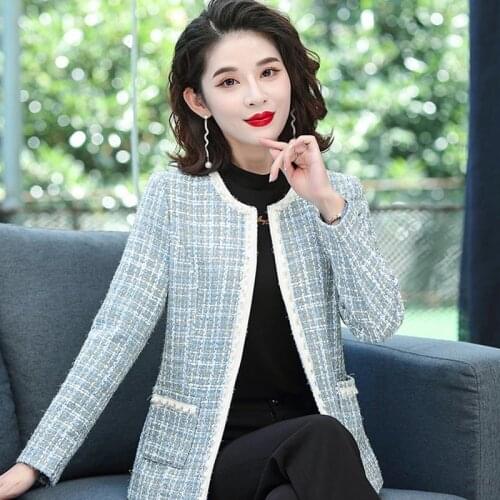 Women 2021 Fashion Patchwork Checked Tweed Jacket Coat Vintage Long Sleeve Beaded Edge Trim Female Outerwear Chic Tops