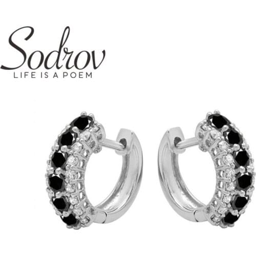 SODROV 2021 New Genuine 925 Sterling Silver Earrings Hoop Earrings for Women Black Spinel Silver 925 Jewelry I173
