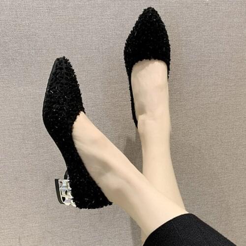 Plus Size Ol Office Lady Shoes Faux Fur Insole Pumps Bling Woman Dress Shoe Pointed Toe Silver Heels Basic Pumps Low Heels 7894N
