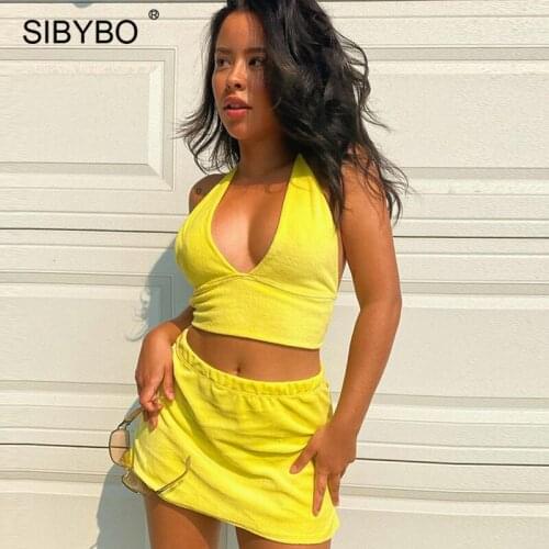 Sibybo Summer V-Neck Top Skirt Sets Summer Outfit Women Sexy Backless Mini Beach Skirts Femme 2 Piece Set Bodycon Dress 2021
