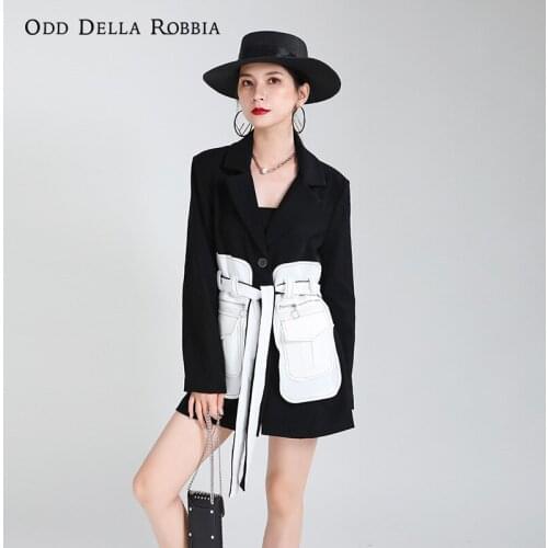 OddDellaRobbia 2021 Women Vintage Black White Stitching Contrast Color Belt Waist Coat Mid-Length Single-Breasted Blazer 1506