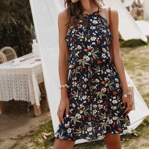 Ladies Sexy Sling Dress Summer Slim Halter Print Dress Women Casual Sleeveless Ruffles Above Knee Mini Floral Dress 2021 New