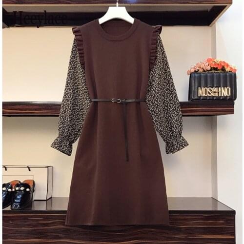 Plus size autumn winter vintage dresses women floral print patchwork knitted A-line dress female elegant slim ruffles midi dress