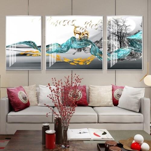 Gold Deer Crystal Porcelain Painting Living room 5D Diamond inlaid Porcelain Painting 3-picture Combination Landscape painting