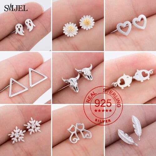 100% 925 Sterling Silver Earrings for Women Kids Elk Snowflake Cat Heart Feather Geometric Stud Earring Anti-allergic Best Gift