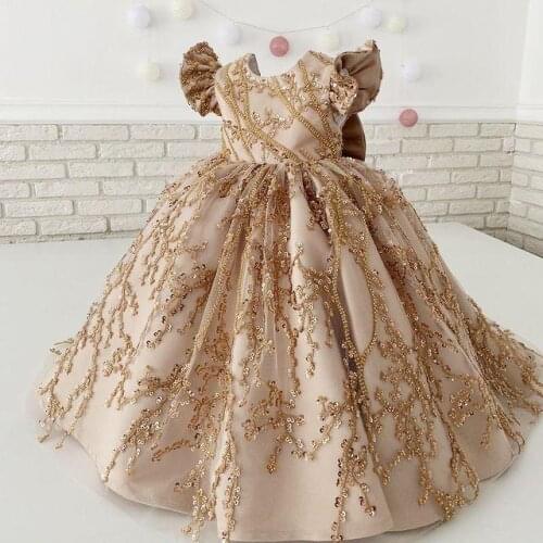 2021 Gold Luxurious Flower Girl Dresses Ball Gown Beaded Sequined Little Kids Birthday Pageant Wedding Gowns
