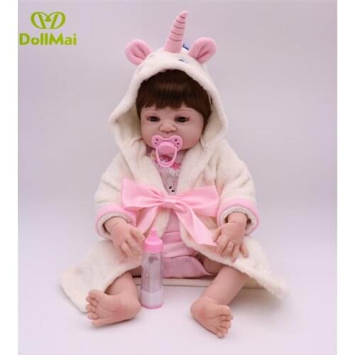 57CM brown eyes Baby Girl Reborn Doll Real Body Silicone Toys with White unicorn bathrobe Realistic Babies Doll Bebe Reborn Gift
