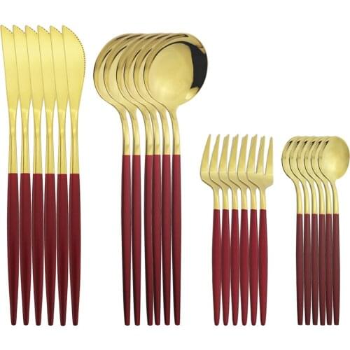 6set Silverware Set Dinnerware Cutlery Red Gold Knives Cake Fruit Forks Teaspoon Stainless Steel Flatware Kitchen Tableware Set