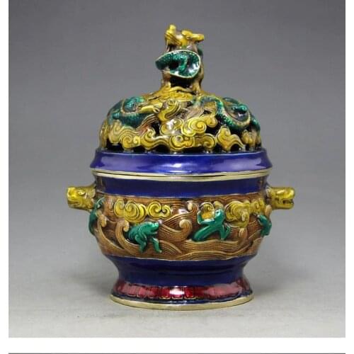 Antique brass Enamel Cloisonne incense dragon dragon cover flat incensory Moray Daming Xuande Home Furnishing decorations