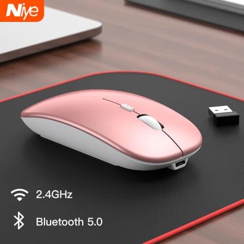 Niye Wireless Mouse Bluetooth 5.0 Computer Mouse 2.4GHz USB Adapter Rechargeable Home Desktop Mice Laptop Mouse Pink Mouses