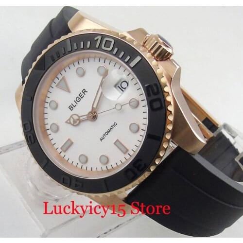 BLIGER Brand Hot Self Winding Rose Gold Color Mens Watch MIYOTA Automatic Movement Gold Watch Case Ceremic Bezel Rubber Band