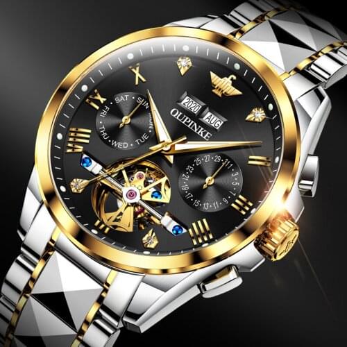 OUPINKE Top Brand Luxury Men Watches Automatic Black Watch Men Tungsten steel Waterproof Business Sport Mechanical Wristwatch