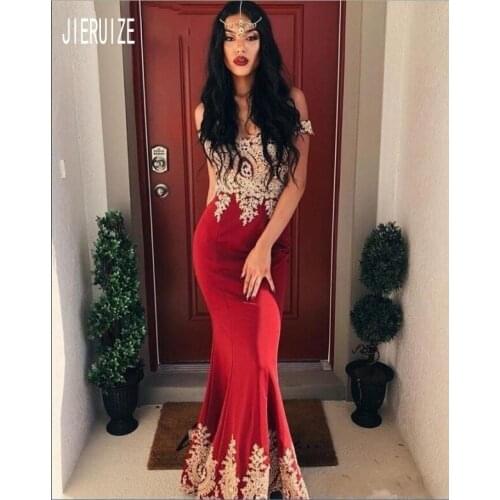 JIERUIZE Sexy Burgundy Mermaid Wedding Dresses Off the Shoulder Gold Lace Appliques Backless Bridal Gowns vestido de noiva