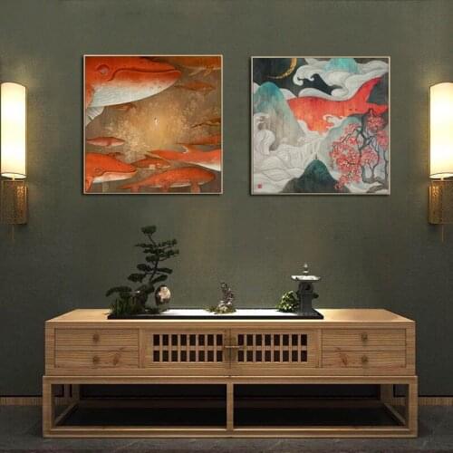 Chinese Abstract Red Whale Fish Girl Canvas Painting Mountain Poster Spray Color Wall Picture Modern Living Room Decoration