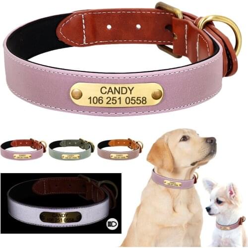 Engraved Dog Cat Collar Reflective Leather Puppy Collar Custom Dog Cats Collars Personalized for Small Medium Large Dog Bulldog
