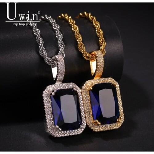 Uwin Square Gem Pendant Colorful Gem Cubic Zircon AAA CZ Tennis Chains Mens Hip Hop Jewelry For Gift