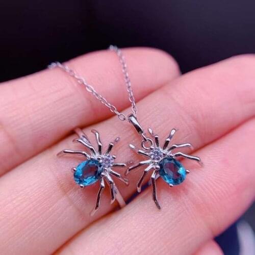Fashion lovely spider Natural blue topaz gem Ring Pendant Natural Gemstone Jewelry Set 925 Silver Women girl party gift jewelry