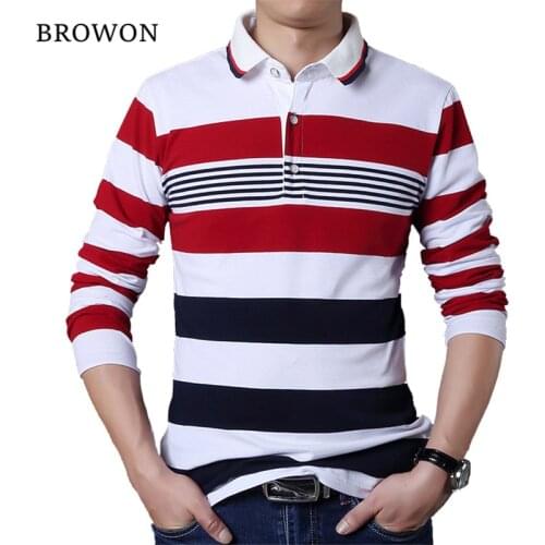BROWON Autumn Casual Men T-shirt White and Red Stripe Pattern Fitness Long Sleeve Turn-down Collar Cotton Tops Stripe Clothes