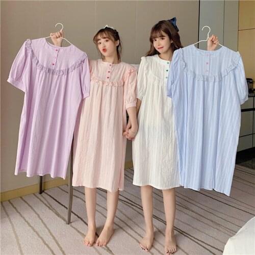 Girlfriend nightdress home service cotton princess style night gown womens summer short-sleeved button plus fat XL home skirt