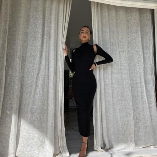 New Fashion Women Sexy Dress High Neck Long Sleeve Backless Black Bodycon Sexy Party Dress For 2020