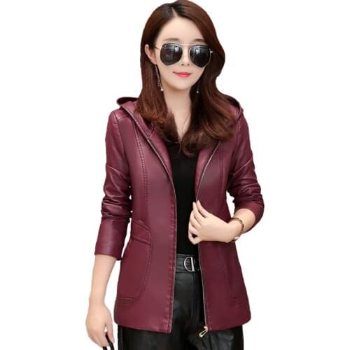 2020 New Womens Elegant Hooded Leather Jackets Ladies Slim Soft Sheepskin Leather Coat Plus Size 6XL Female Clothing Outerwear