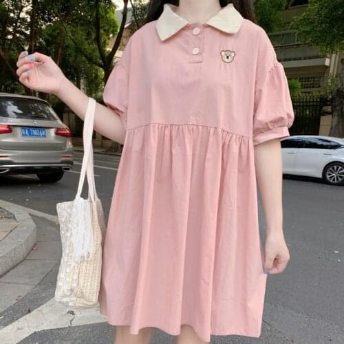 Dress Women Harajuku Summer Short Sleeve Dresses Kawaii Sweet Girls Midi Dresses Holiday A-line Popular Loose Lapel Japanese