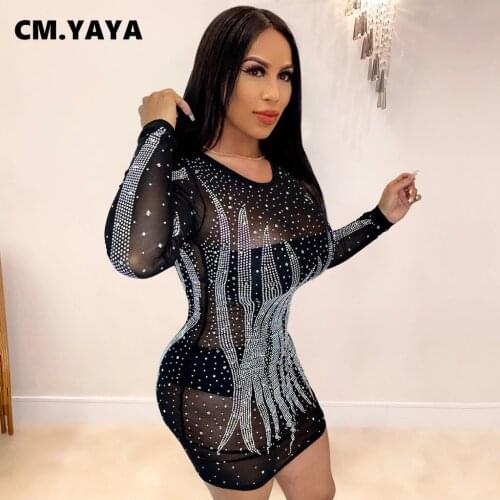 CM.YAYA Women Mesh See Though Hot Rhinestones Splicing Long Sleeve Bodycon Midi Mini Dress INS Sexy Party Autumn Winter Dresses