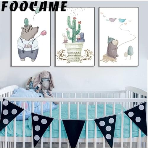 Modern Minimalist Nordic Decorative Painting Cartoon Bear Cactus Picture Poster Kids Wall Art Canvas Print Nursery Baby Room