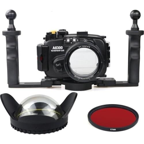 40m/130ft Waterproof Underwater Camera Housing Case for A6300 16-50mm Lens + Tray + Red Filter + 67mm Round Fisheye