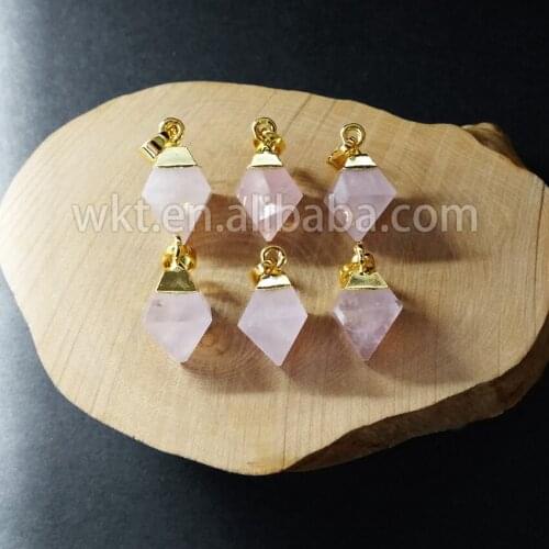 WT-P651 Natural pink stone charm pendant, fashion unique design stone pendant with 24k gold trim for women