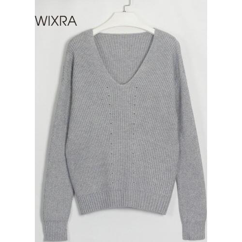 Wixra Women Casual V Neck Full Sleeve Sweater Autumn Winter Basic Hollow Out Loose Jumper Pullover Female Tops