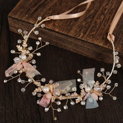 Gold Flower Pearl Crystal Headband Wedding Hairband Flower Pearl Headband Tiara Bridel Hair Band Head Ornaments