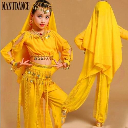 4pc/set Girl Belly Dance Costume for Kid Long Sleeve Stage Dance Costumes Children Belly Performance Kid Indian Dancing Clothes