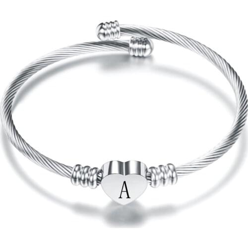 KURSHUNI Silver Color Stainless Steel Heart Bracelet Bangle With Letter Fashion Initial Alphabet Charms Bracelets For Women