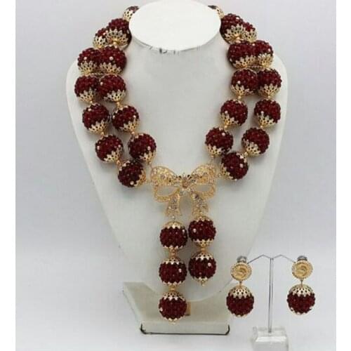 Exclusive Wine Burgundy Crystal Bridal Pendant Necklace Set Handmade African Bead Costume Women Gold Jewelry Set WE132