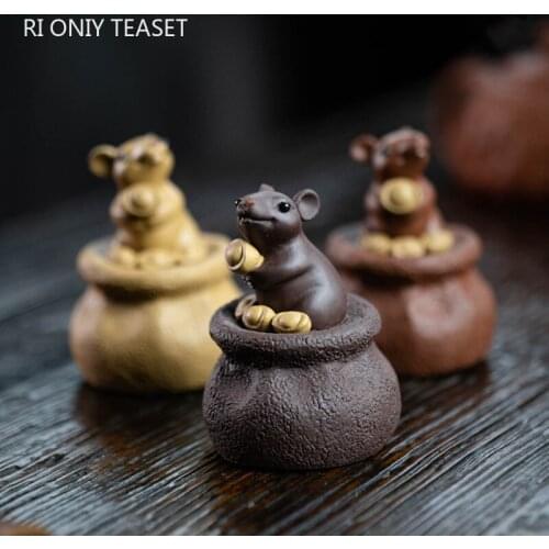 Handmade Yixing Purple Clay Tea Pet Decor Office Desktop Lucky Mouse Ornaments Home Tea Figurine Sculpture Decoration Crafts