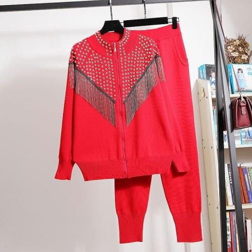Red Tracksuit Women Knitted Outfits Handwork Beading Tassel Cardigan Sweater Pants Set Female Loose 5 Color Zipper Knitting Suit