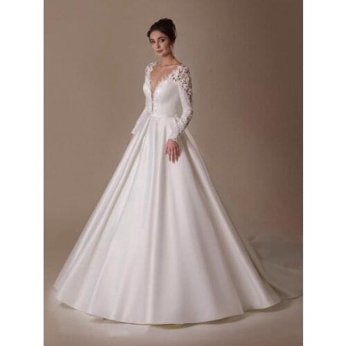 Ivory Lace Satin Long Sleeves Floor-Length V-Neck Princess A-Line Wedding Dresses Chapel Train Custom Made