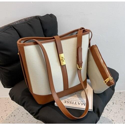 Summer 2 Pcs/Set Patchwork Canvas Bucket Crossbody Shoulder Bags For Women Brand Designer Roomy Baguette Ladies Handbags 2021