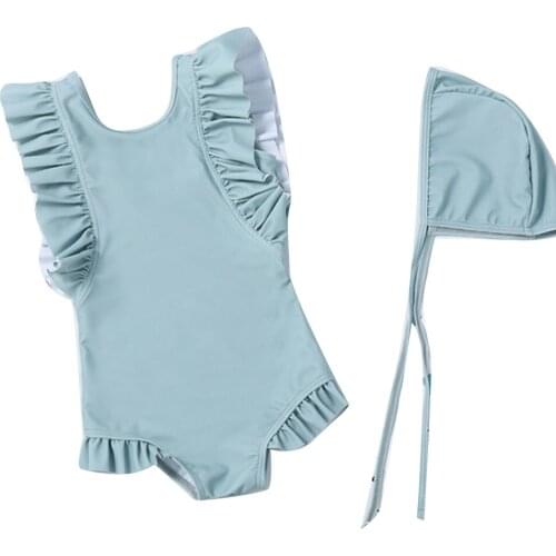 50% Hot Sale Solid Color Children Baby Girls One-piece Swimsuit Bikini Lace Swimwear with Hat Baby Girls Swimsuit For Vacation