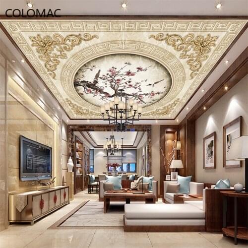 Colomac Custom Chinese Style Flower and Bird 5d Living Room Ceiling Wallpaper Bedroom Dining Room Dome Mural Drop Shopping