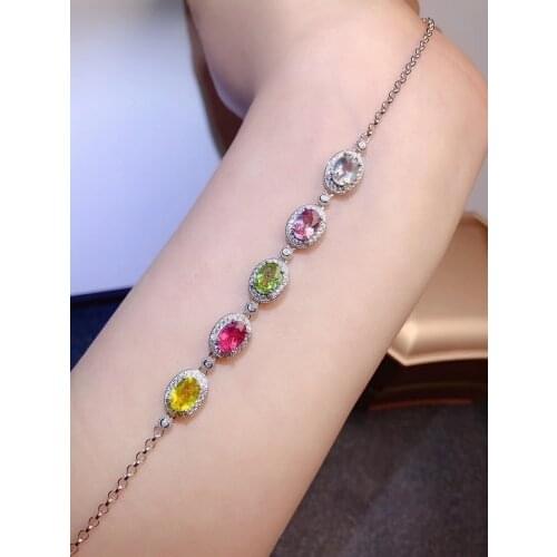 Luxury Natural Tourmaline Bracelet for Party 5mm*7mm 100% Real Tourmaline Silver Bracelet 925 Silver Gemstone Bracelet