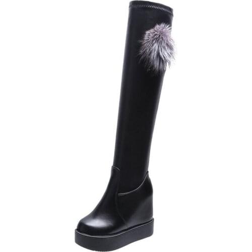 Wedge-Heel Platform High-Rise Knee-Length Boots High Platform Thick-Soled Short Plush Womens Boots Flat-Bottomed PU Long Shoes