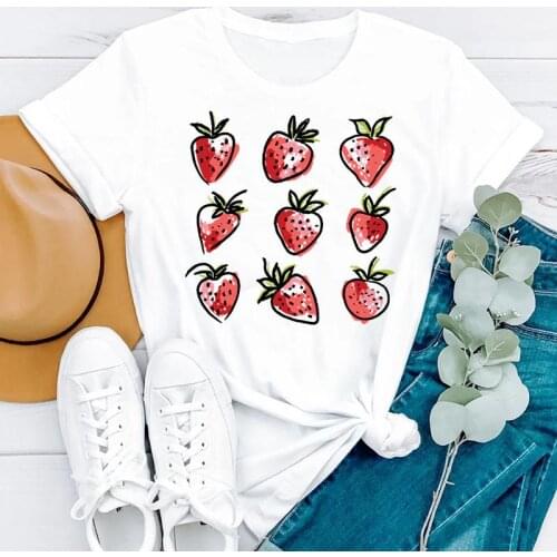 Cartoon Strawberry Fruit Women T-shirt Beach Summer Fashion Short Sleeve Clothes Printed Tshirt Female Tee Top Graphic T-shirt
