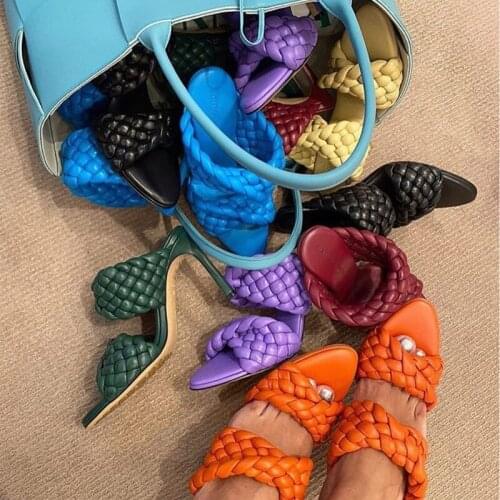 Women Weaved Open Toe Sandals Sexy High Heels Cross Woven Leather Slippers Outdoor Beach Fashion Slides Ladies Pointed Toe Shoes