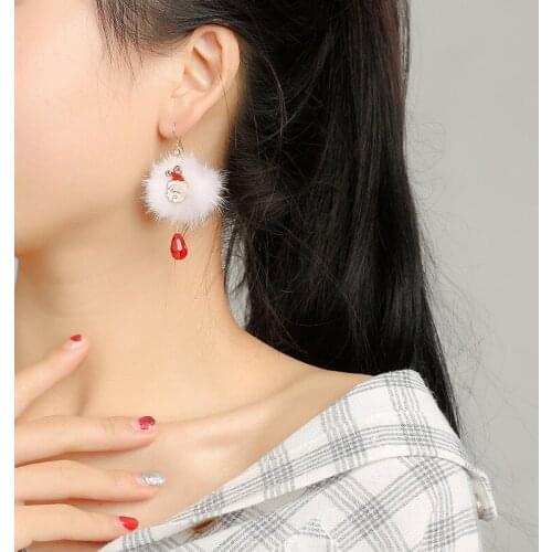 White Hairy Down Ball Reindeer & Santa Claus Red Drip Crystal Golden Drop Earrings Women Dangle Earrings